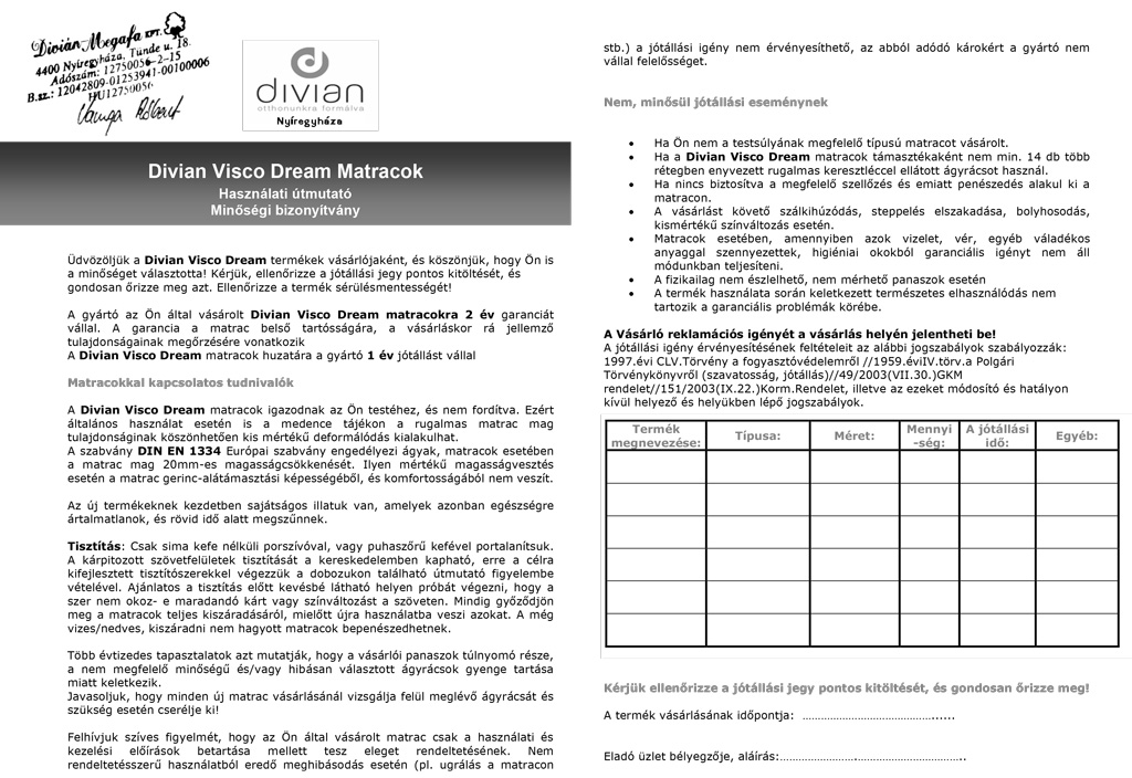 Visco Dream minőségi bizonyítvány Visco Dream minőségi bizonyítvány
